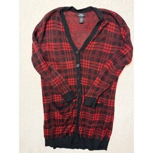 Cozy Buffalo Plaid Cardigan Sweater Small Red Black Button Front Long Boho